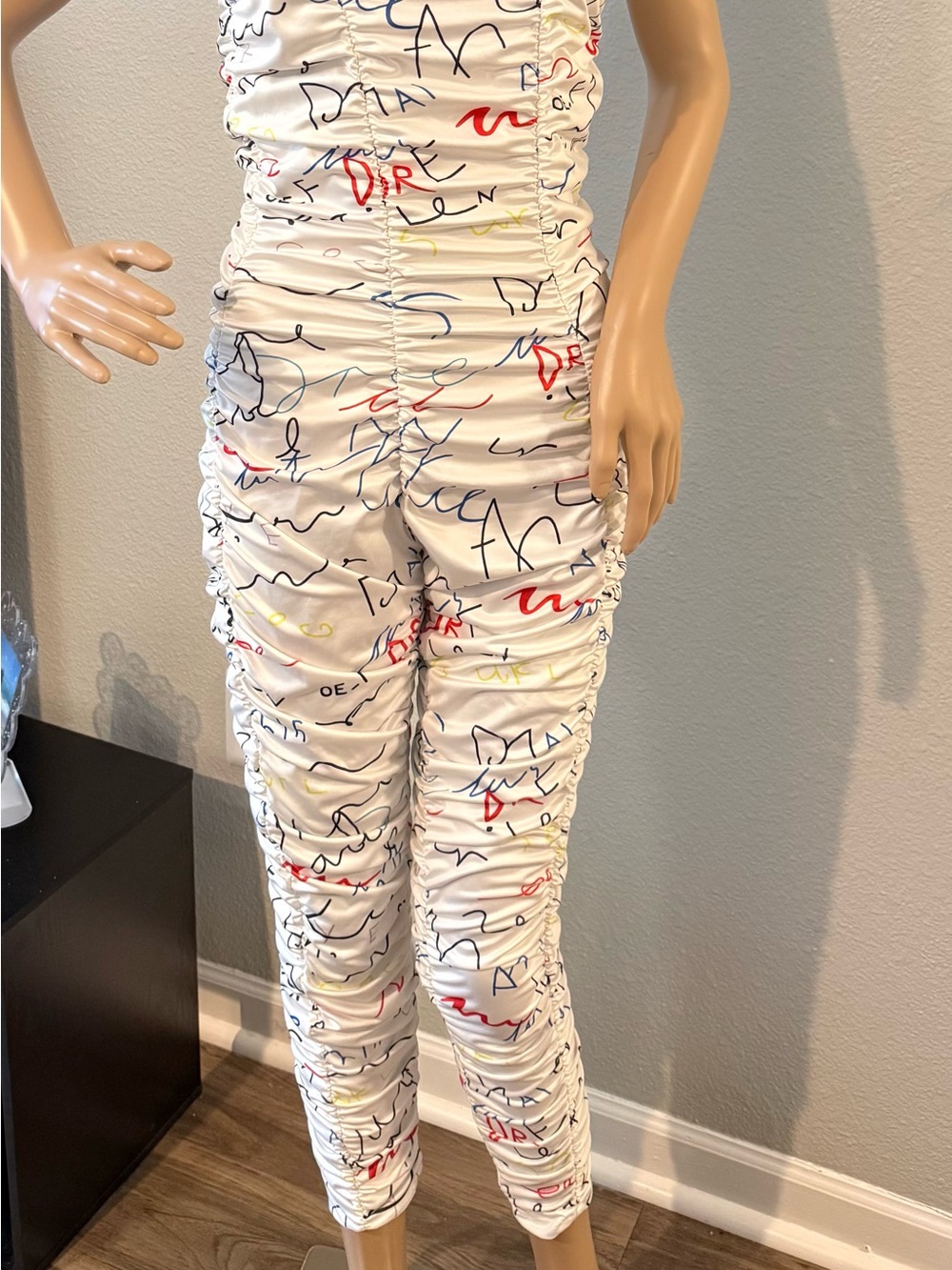 White Strapless Ruched Jumpsuit with Multicolor Script Print